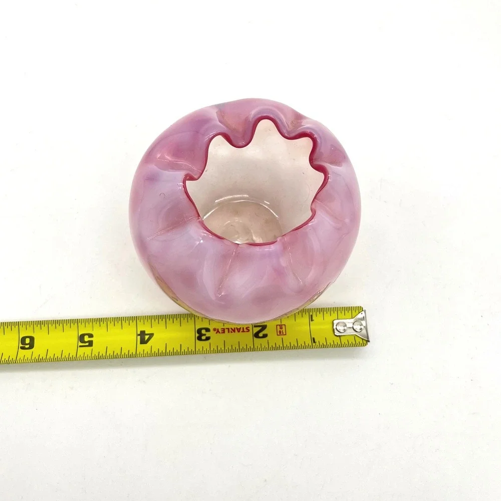 Vintage Pink Satin Glass Rose Bowl Diamond Quilted Crimped Rim Art Glass 3 inch